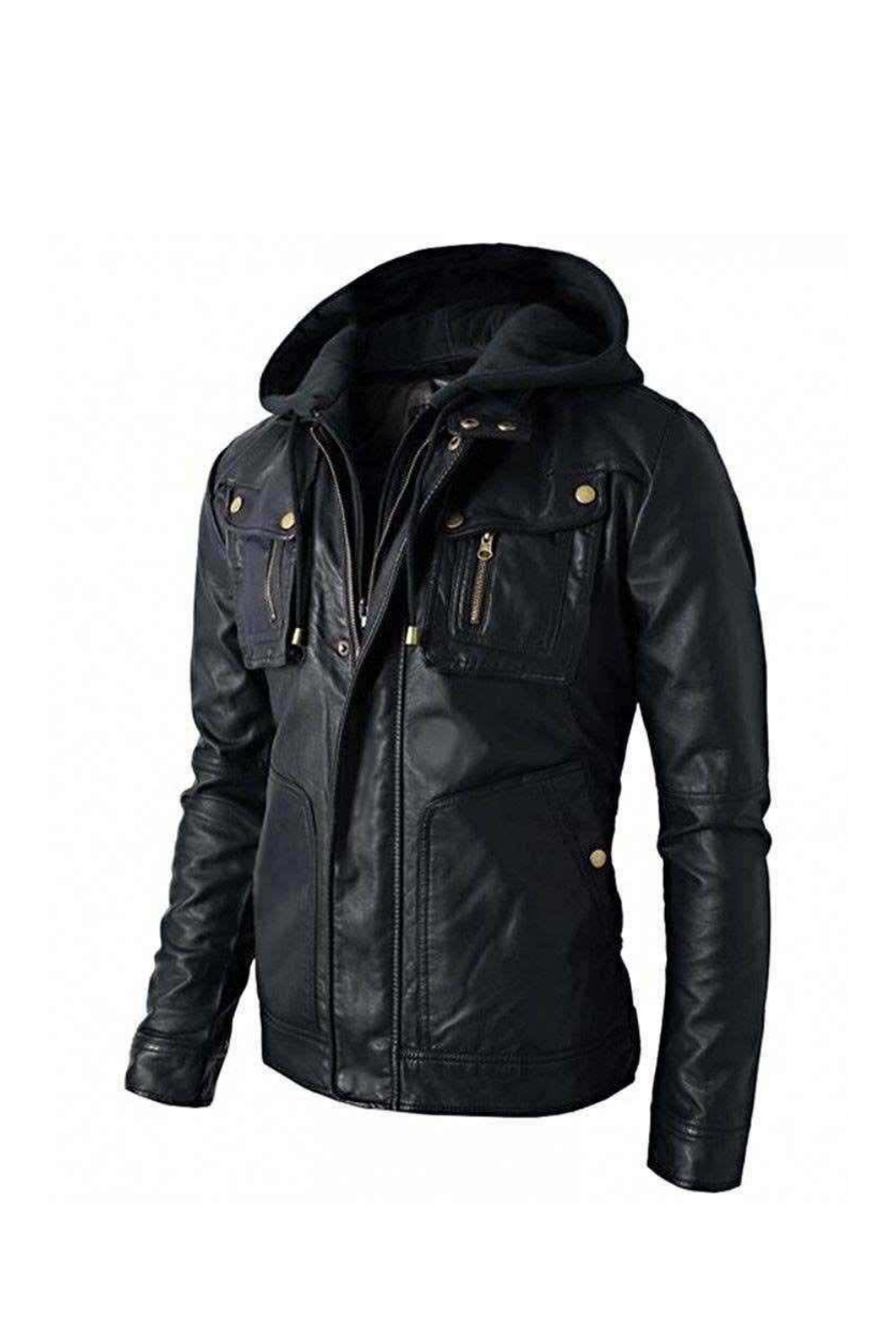 Men Leather Jackets Men's Brando Real Black Leather Jacket With Removable Hood