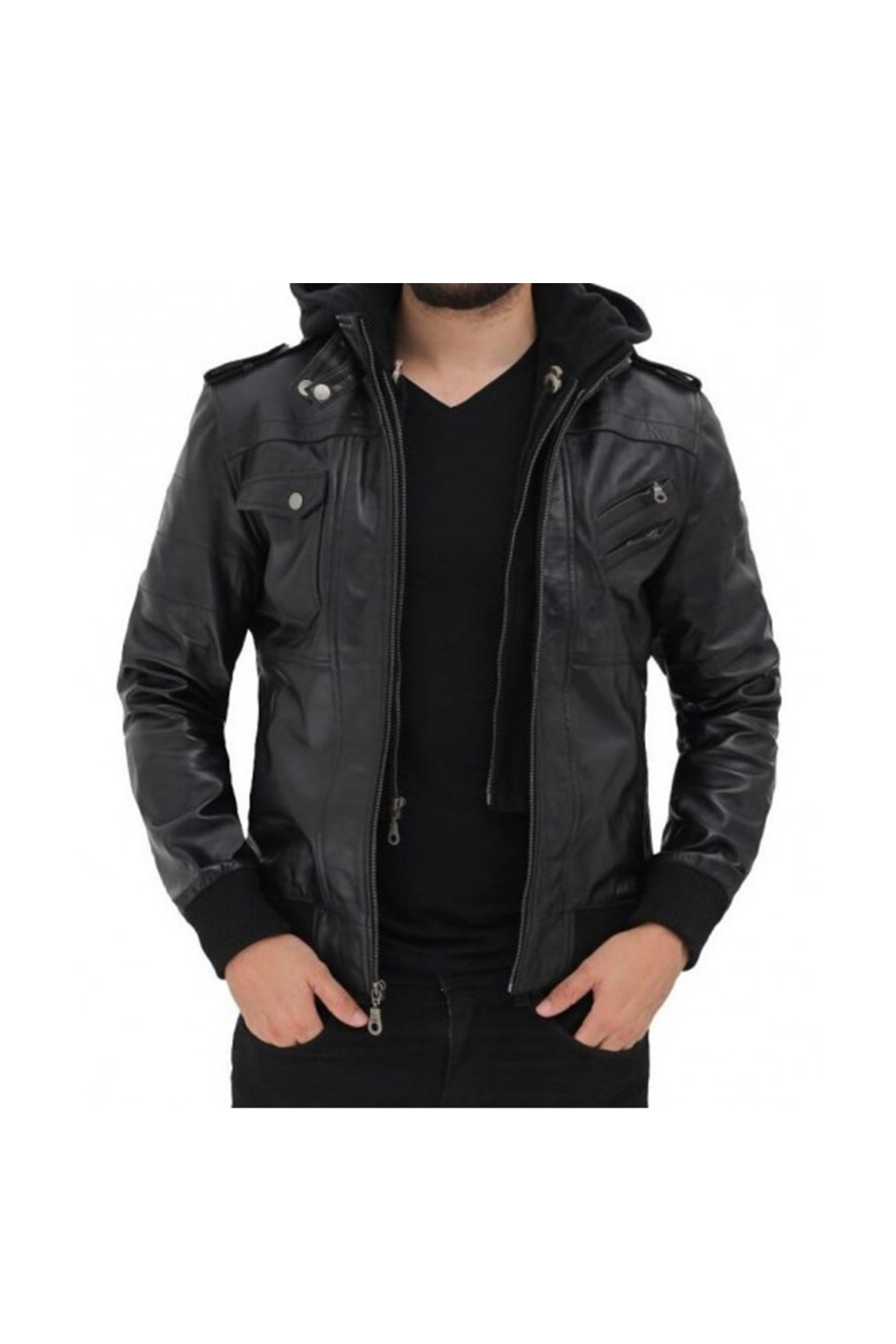 Men Bomber Jackets Men's Cafe Racer Black Real Leather Jacket With The Attachable Hoodie