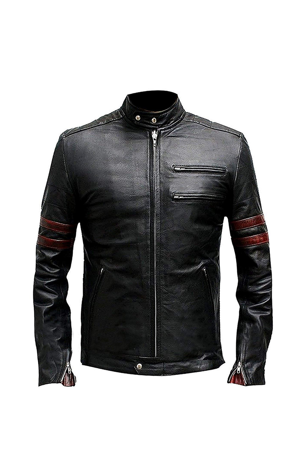 Men Leather Jackets Classic Fight Club Tyler Durden Brad Pitt Retro Style Black Genuine Leather Jacket