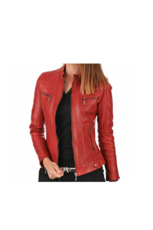Women's Stylish Slim fit Jacket - Leather Biker Jacket Women - Small, Red
