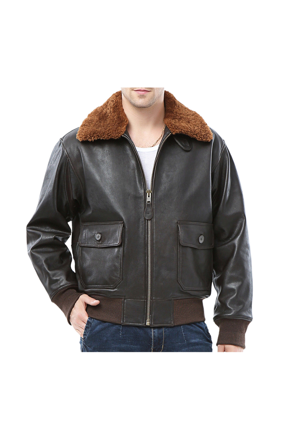 Custom Leather Jackets G-1 Aviator Military Brown Fur Collar Cow Leather Bomber Jacket For Men