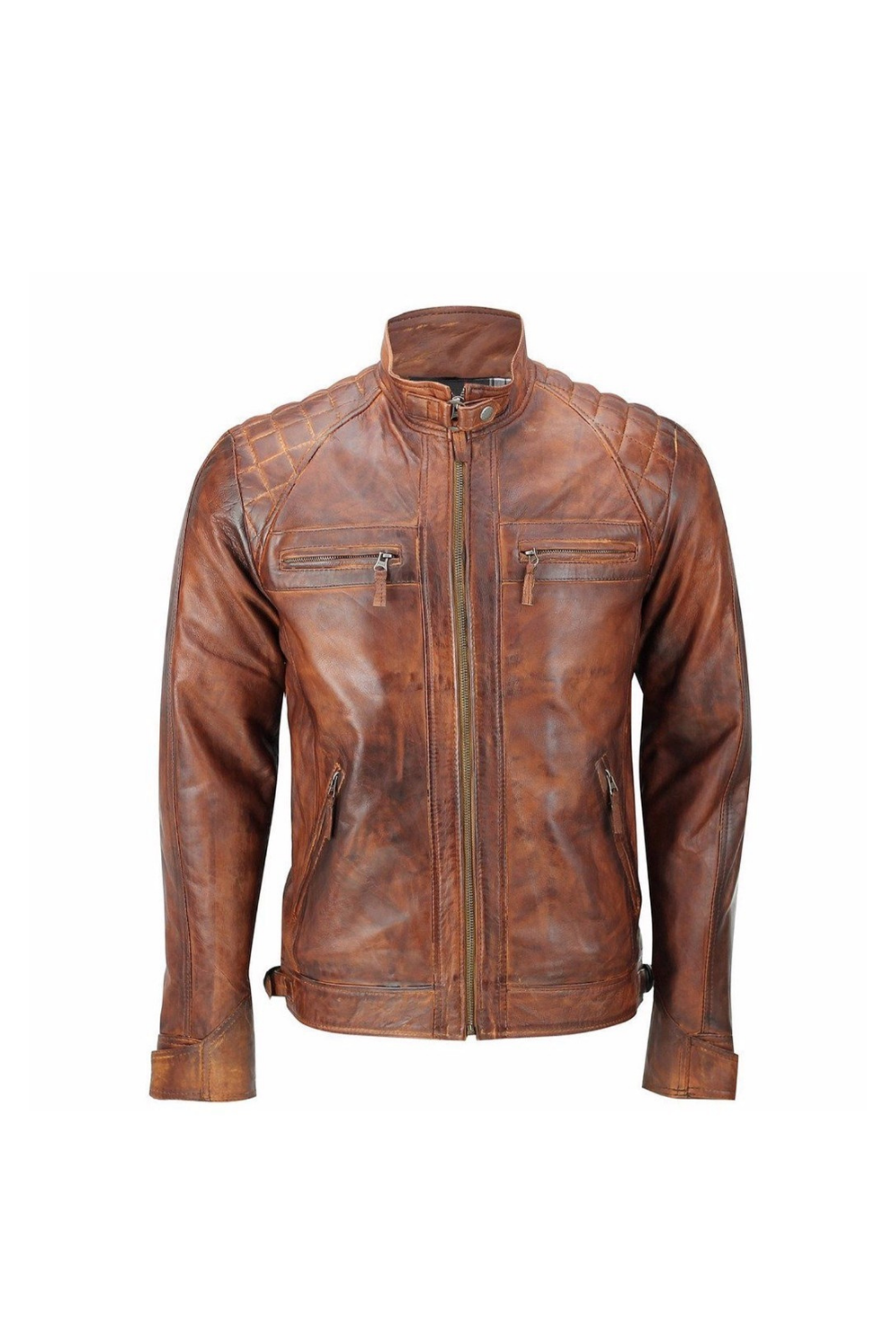Men Leather Jackets Men's Classic Diamond Distressed Brown Quilted Motorcycle Leather Jacket