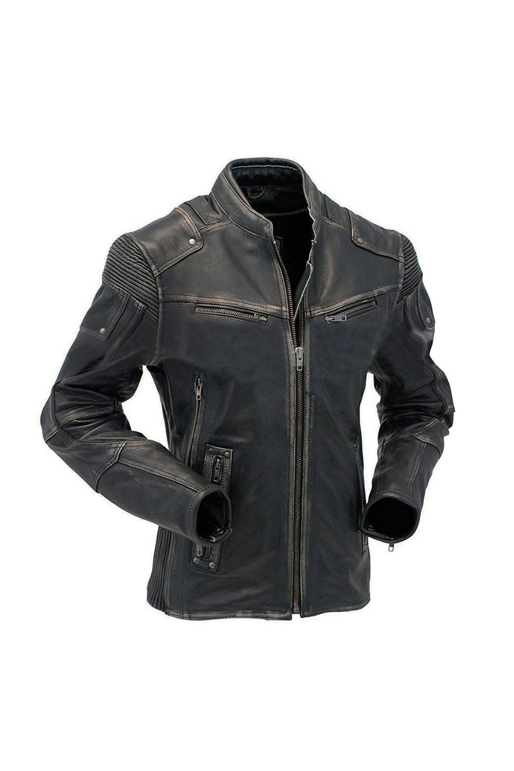 Men Leather Jackets Men's Cafe Racer Biker Distressed Black Motorcycle Leather Jacket