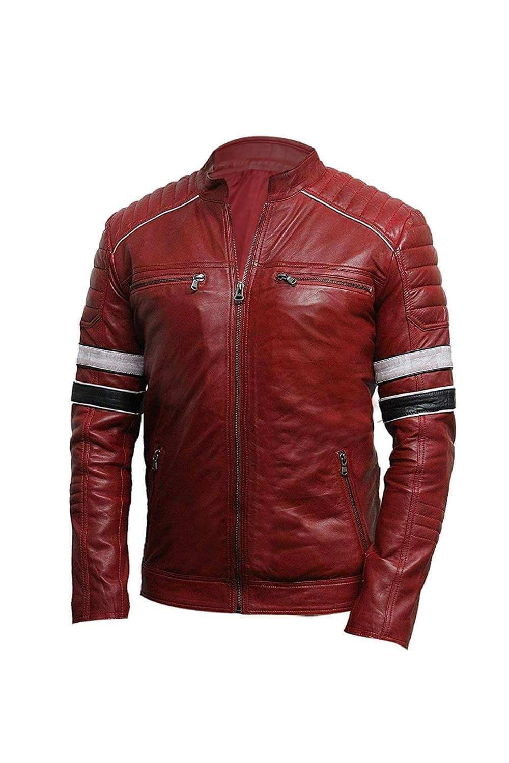 Men Leather Jackets Men's Retro Cafe Racer Biker Black And White Striped Quilted Red Leather Jacket