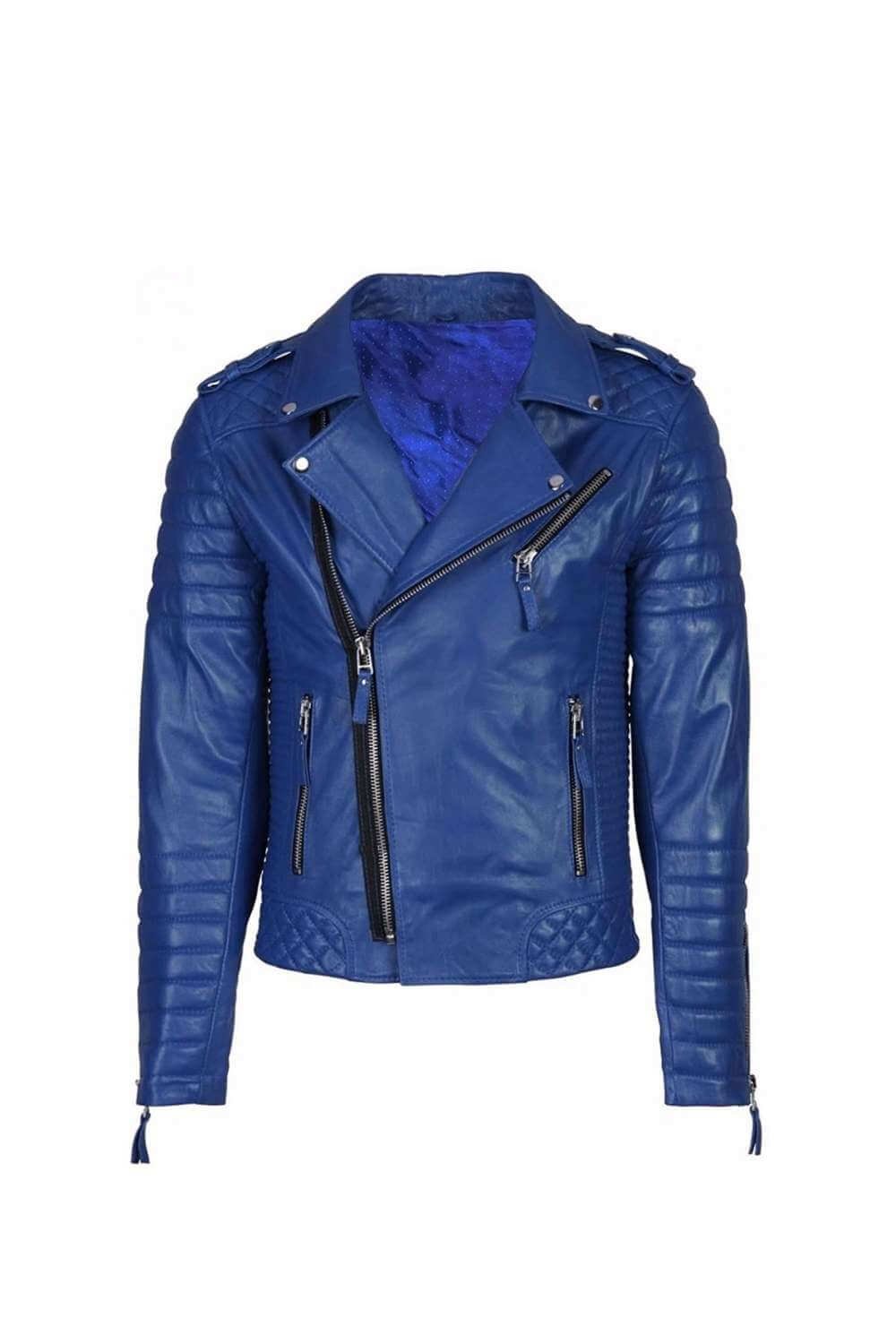 Men Leather Jackets Men's Blue Asymmetrical Biker Style Quilted Leather Jacket