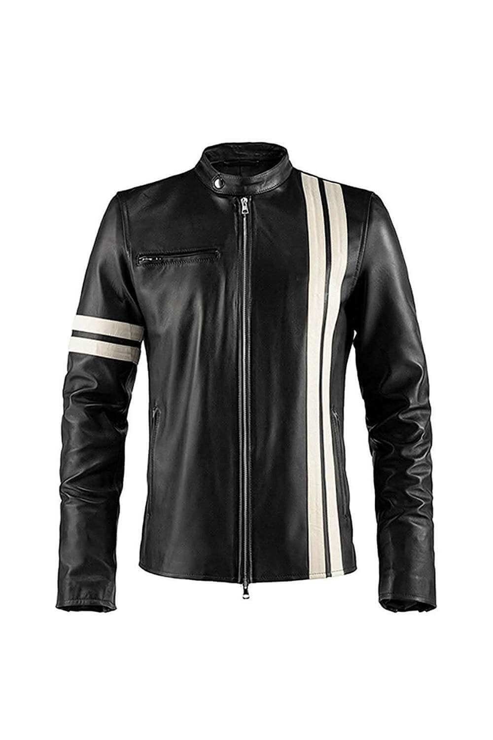 Men Leather Jackets Driver San Francisco John Tanner Striped Black Motorcycle Leather Jacket For Men