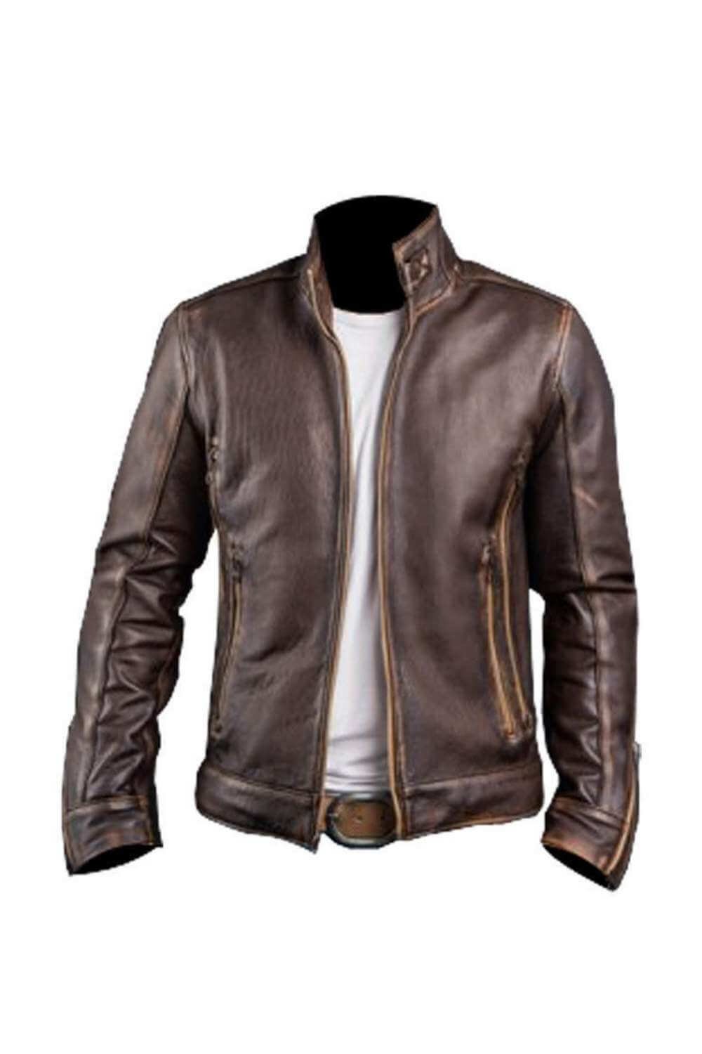 Men Leather Jackets Men's Retro Cafe Racer Biker Distressed Brown Leather Jacket