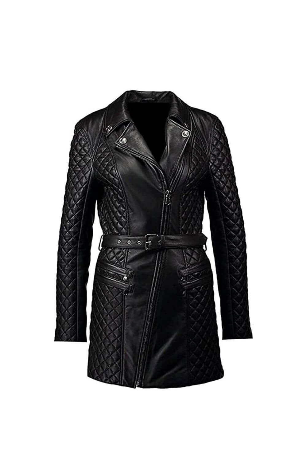 Women's Coats Kelly Black Leather Quilted Long Pea Coat