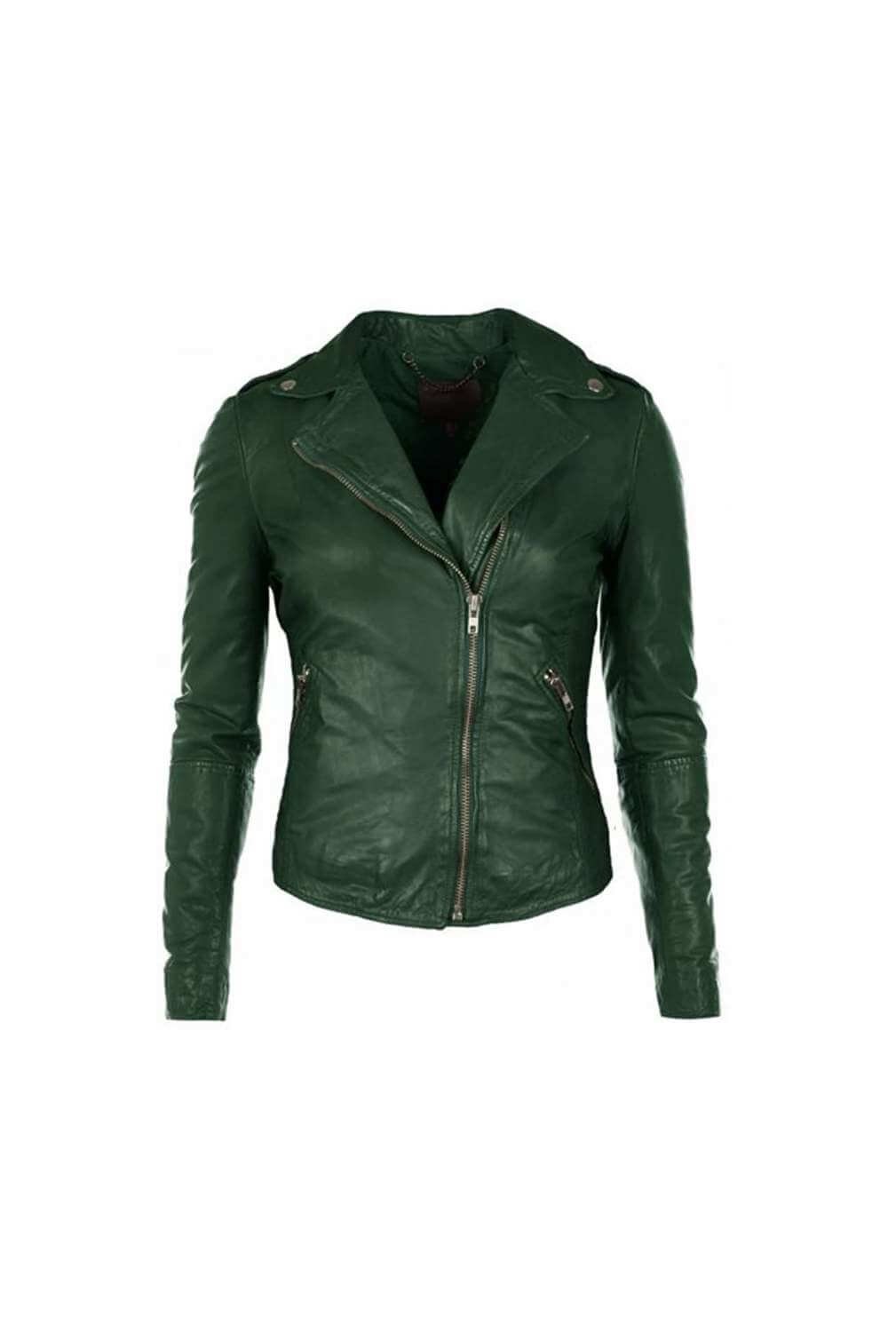 Custom Leather Jackets Asymmetrical Collar Style Green Motorcycle Jacket For Women