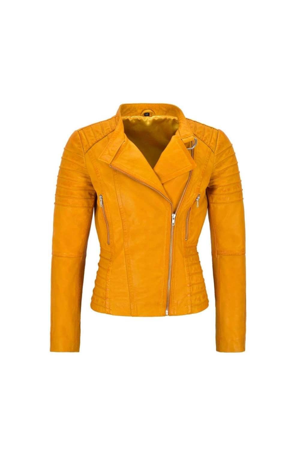 Custom Leather Jackets Women's Asymmetrical Collar Style Yellow Biker Jacket