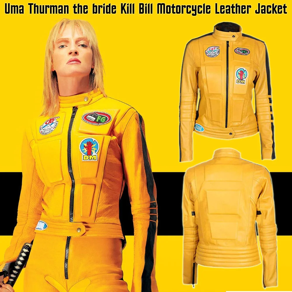 Uma Tharman Kill Bill Yellow Jacket Uma Tharman Kill Bill Yellow Biker Leather Jacket - Image 3