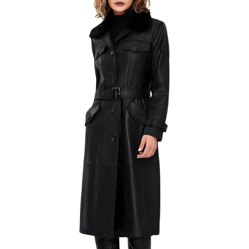 Women's Coats Women Black Fur Collar Long Sheep Skin Trench Coat