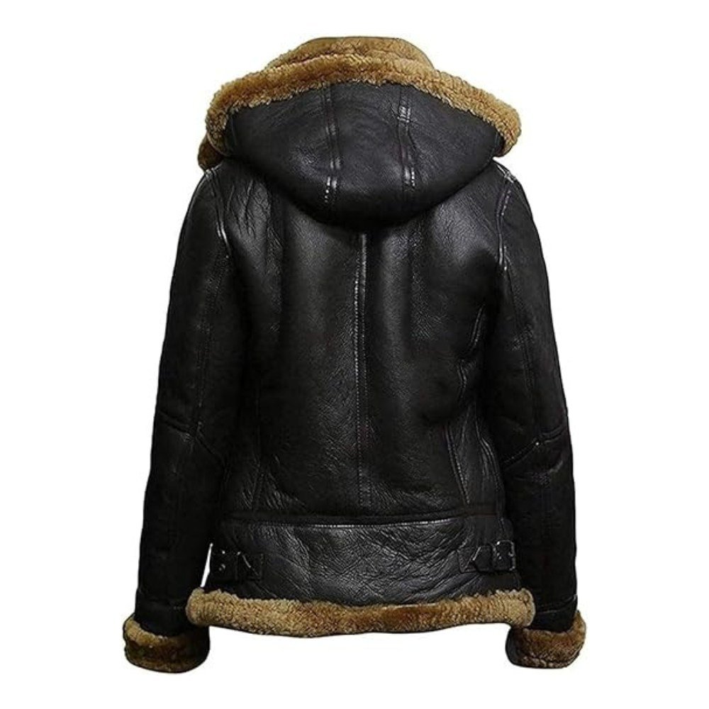 Women's Sheepskin Shearling Style Flying Aviator Fur Jacket With Hood Back Women's Sheepskin Shearling Style Flying Aviator Fur Jacket With Hood - Image 2