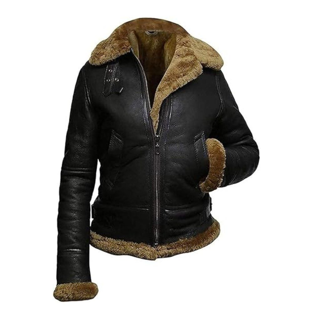 Women's Sheepskin Shearling Style Flying Aviator Fur Jacket With Hood