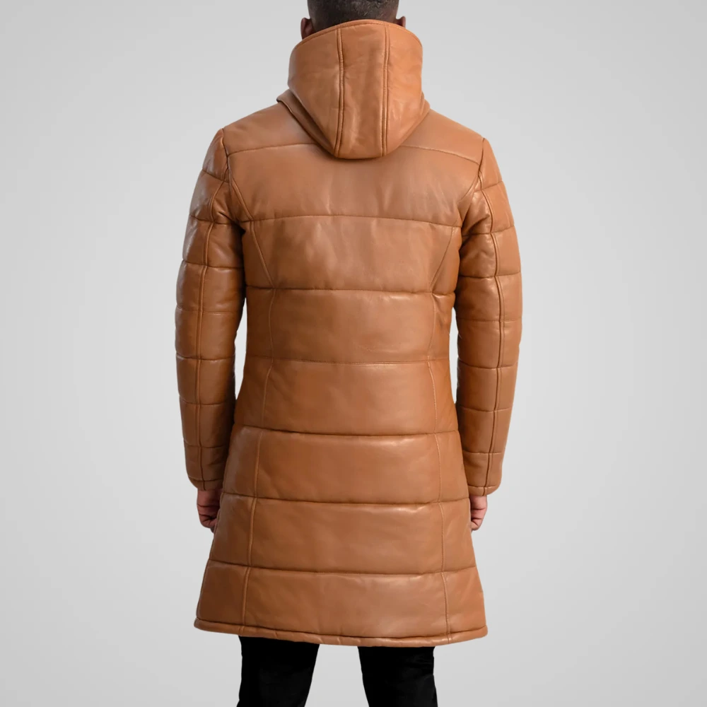 Men's Floyd Tan Brown Hooded Leather Puffer Coat Back Men's Floyd Tan Brown Hooded Leather Puffer Coat - Image 4