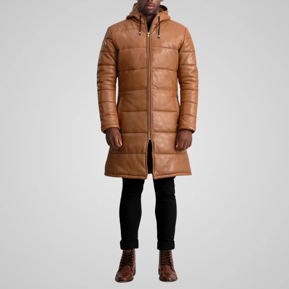 Men's Floyd Tan Brown Hooded Leather Puffer Coat Full Men's Floyd Tan Brown Hooded Leather Puffer Coat - Image 2
