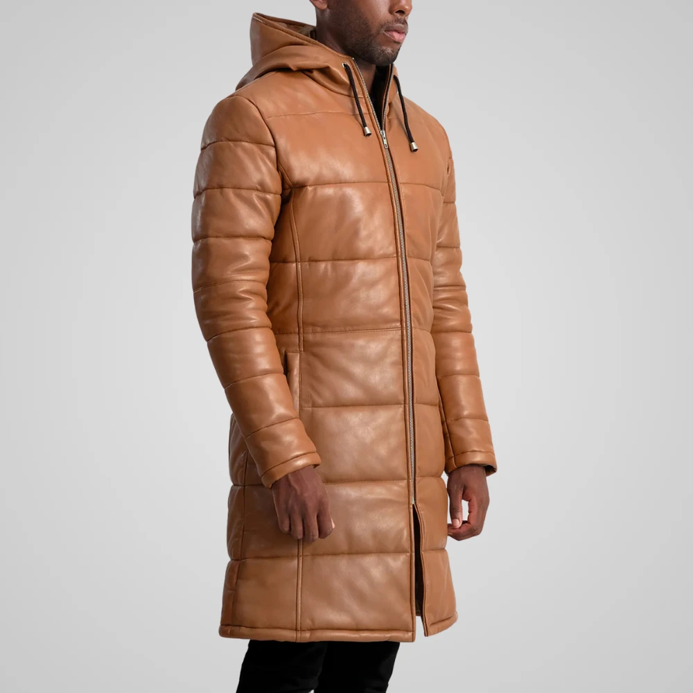 Men's Floyd Tan Brown Hooded Leather Puffer Coat side Men's Floyd Tan Brown Hooded Leather Puffer Coat - Image 3
