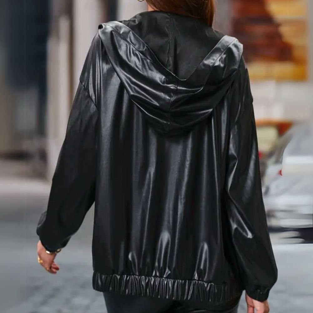Women's Drop Should Black Faux Leather Hooded Jacket Back Women's Drop Shoulder Black Faux Leather Hooded Jacket - Image 2